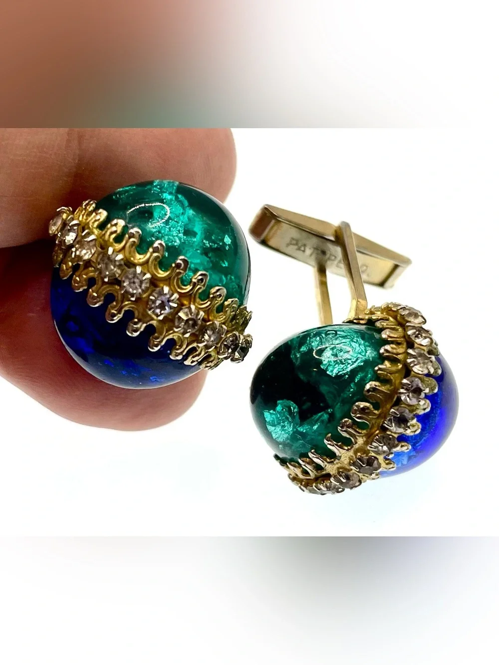 Vintage Blue Green Art Glass Rhinestone Gold Tone Cufflinks MCM Statement